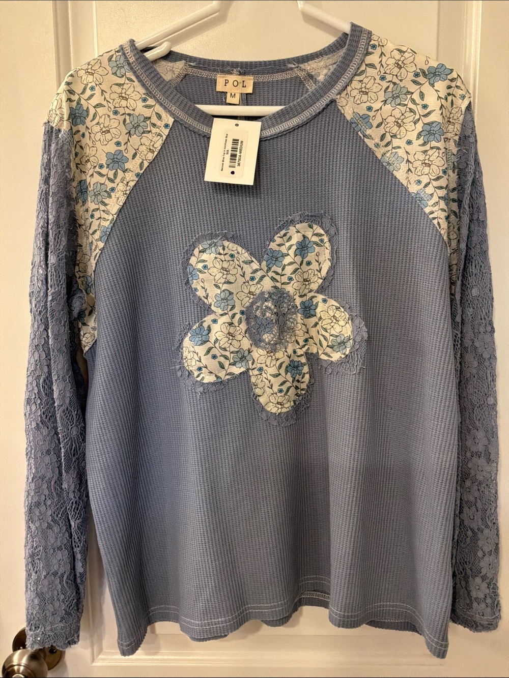 POL Floral Appliqué Blue Long-Sleeve Women's Top
